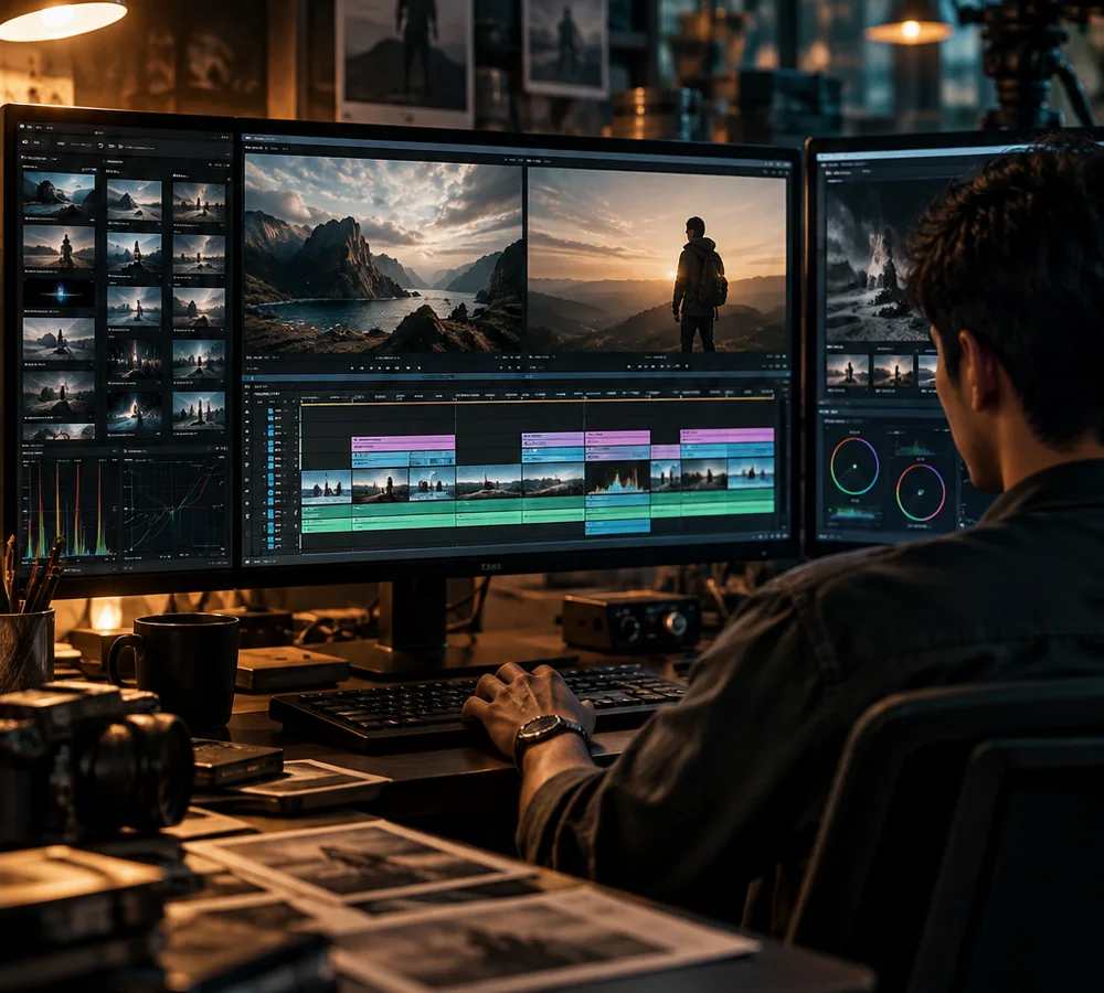 Editor làm việc với cảnh quay và thư viện stock footage trên màn hình dựng phim